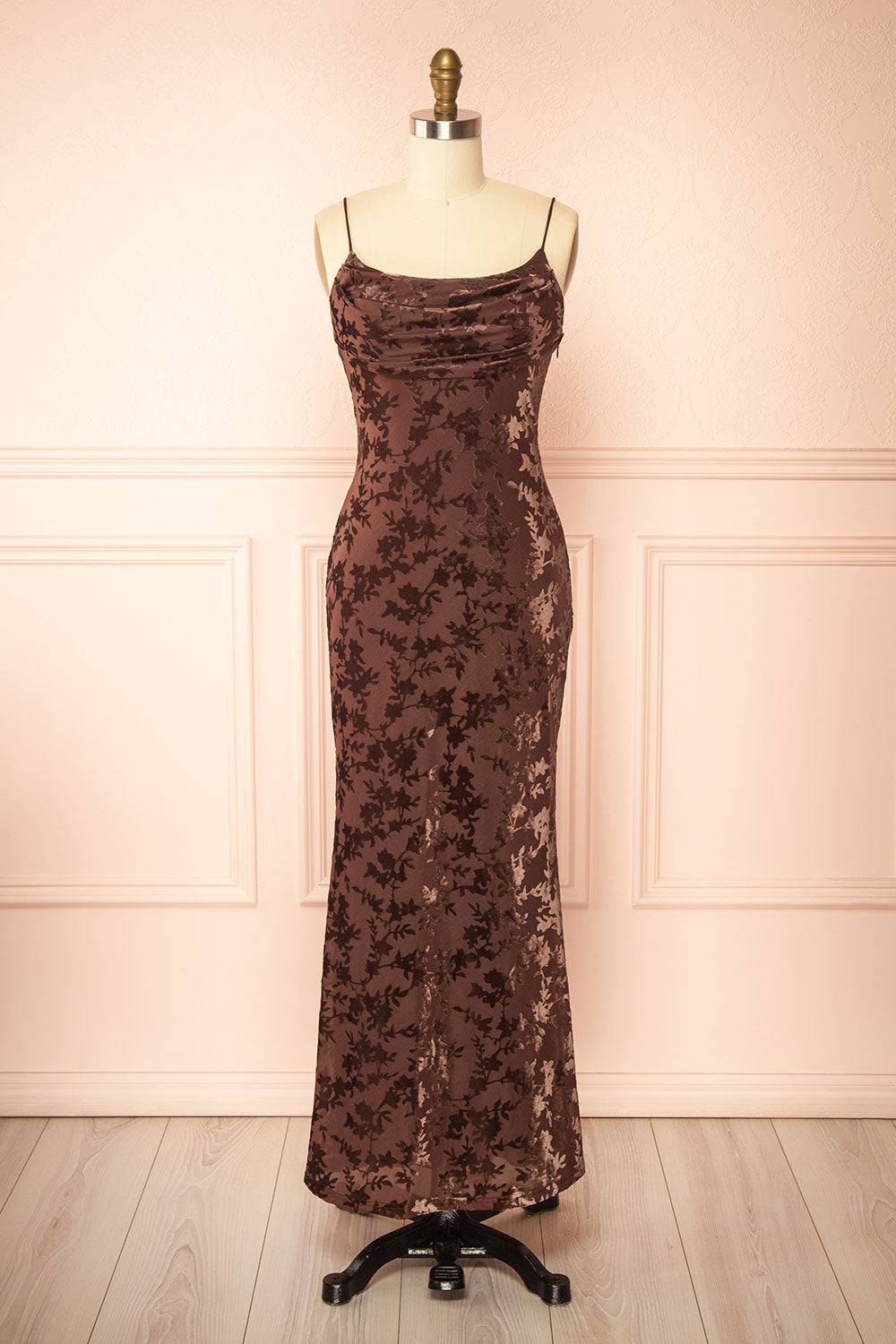 Haylin Brown Velvet Floral Fitted Maxi Dress | Boutique 1861 front view
