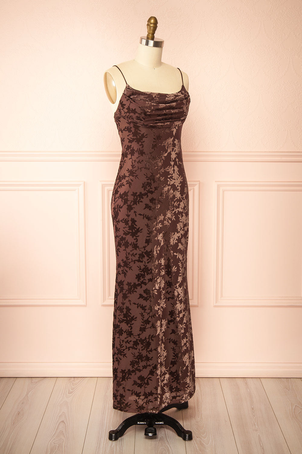 Haylin Brown Velvet Floral Fitted Maxi Dress | Boutique 1861 side view