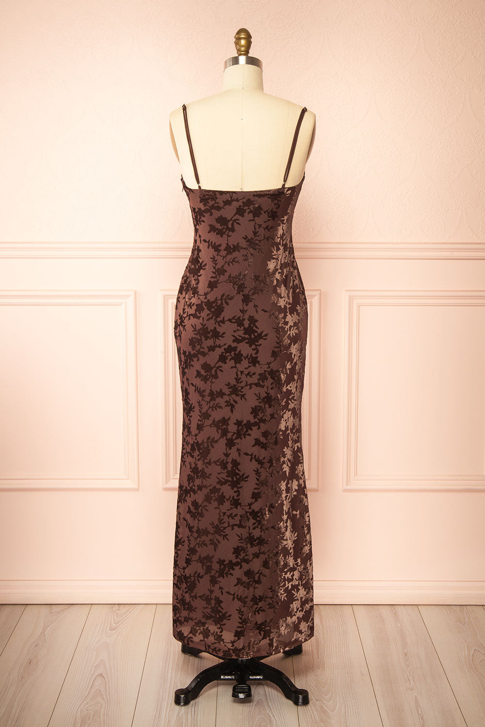 Haylin Brown Velvet Floral Fitted Maxi Dress | Boutique 1861 back view