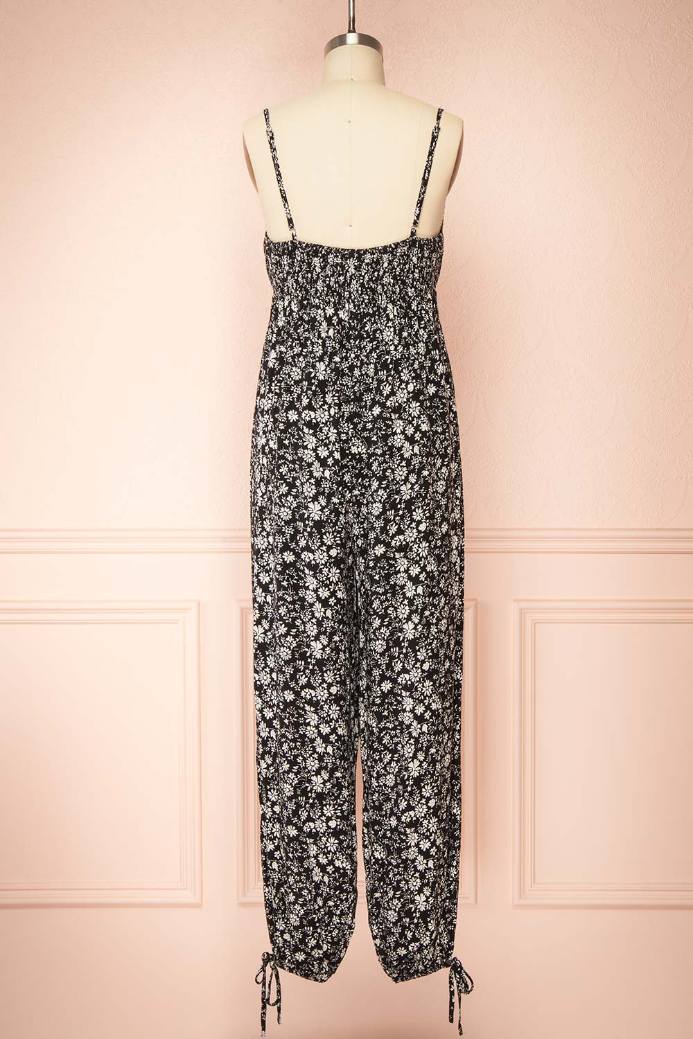 Hecate Black Jumpsuit w/ White Floral Motif | Boutique 1861 back view