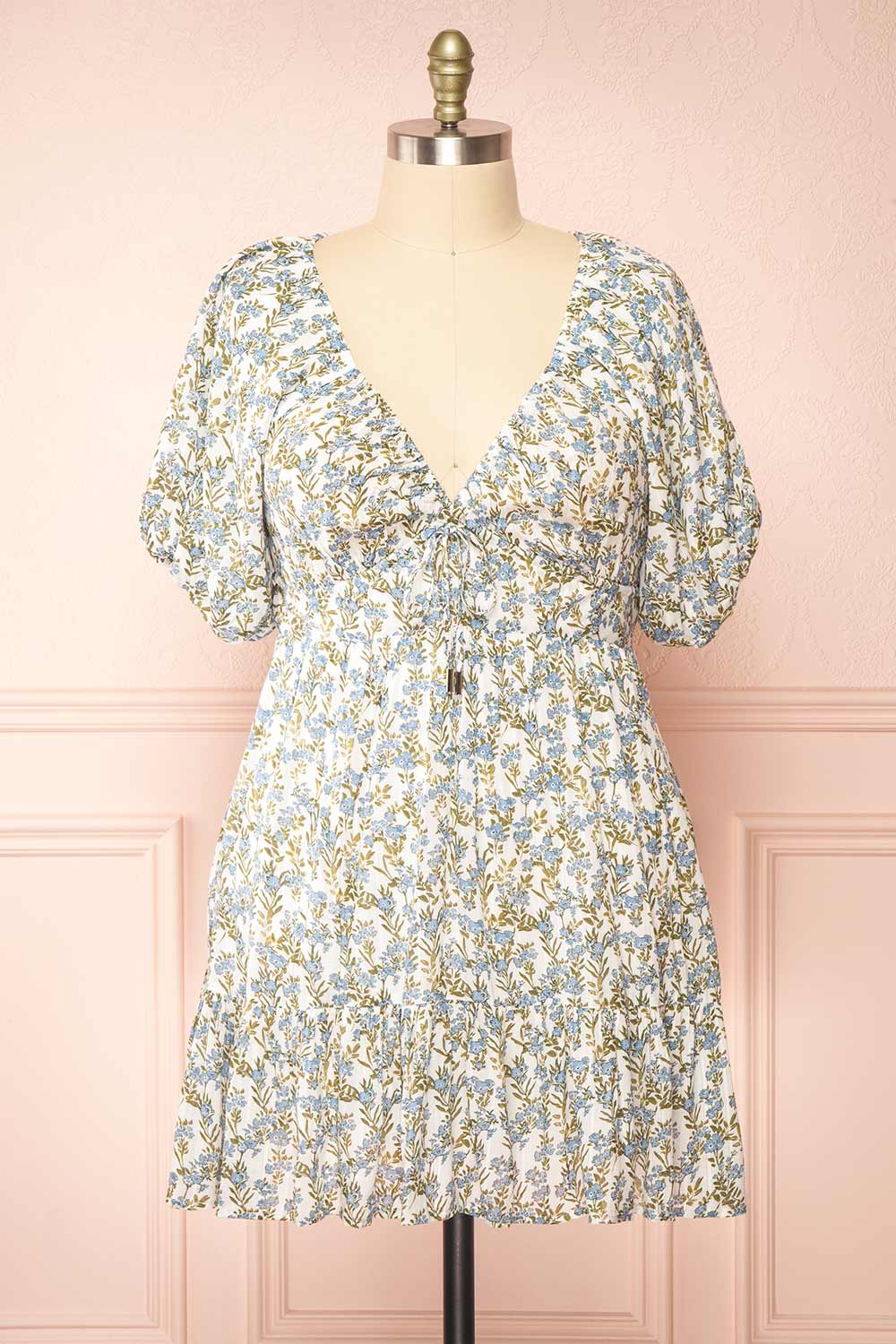 Heina Short Blue Floral Dress w/ Puffy Sleeves | Boutique front plus size