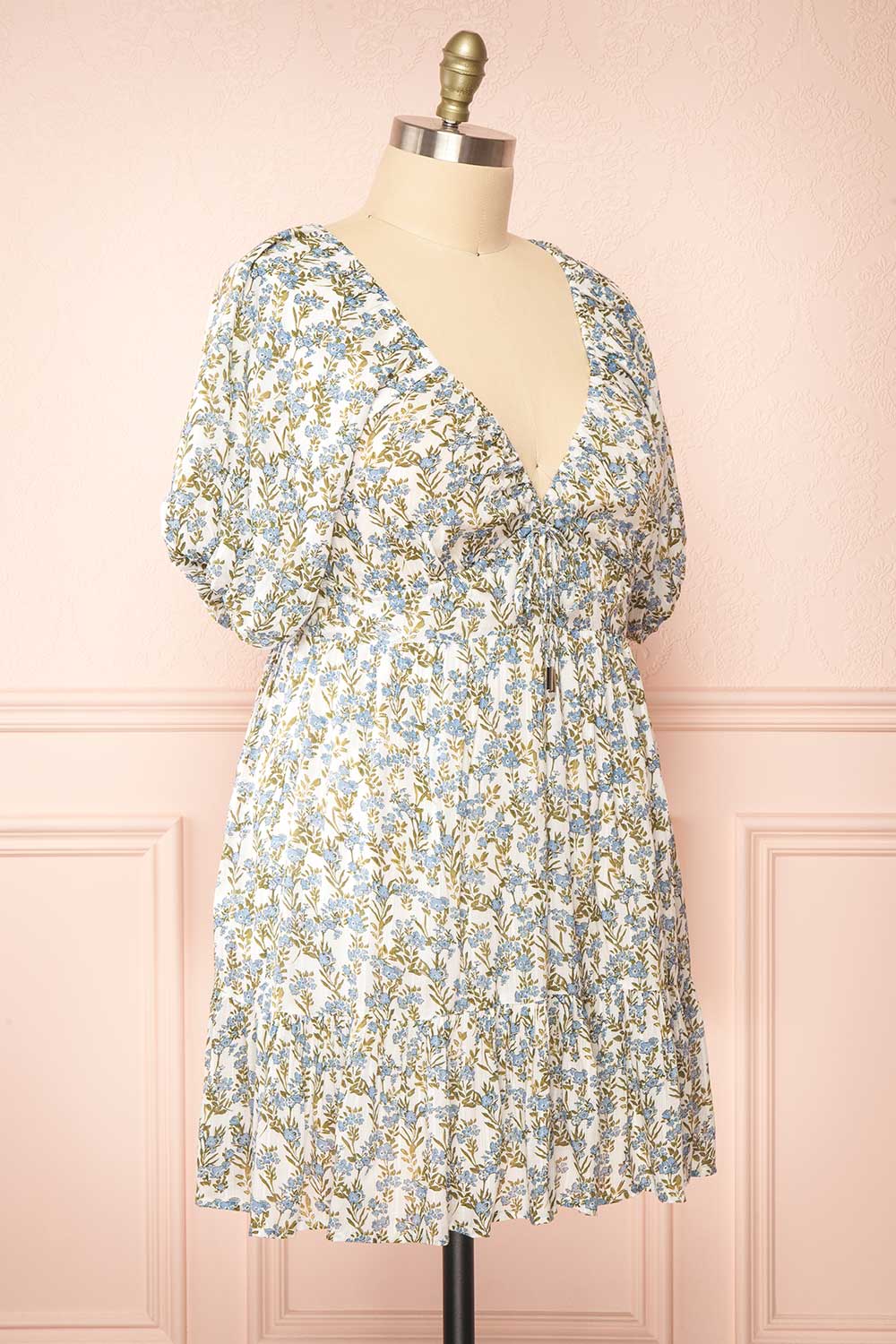 Heina Short Blue Floral Dress w/ Puffy Sleeves | Boutique side plus size