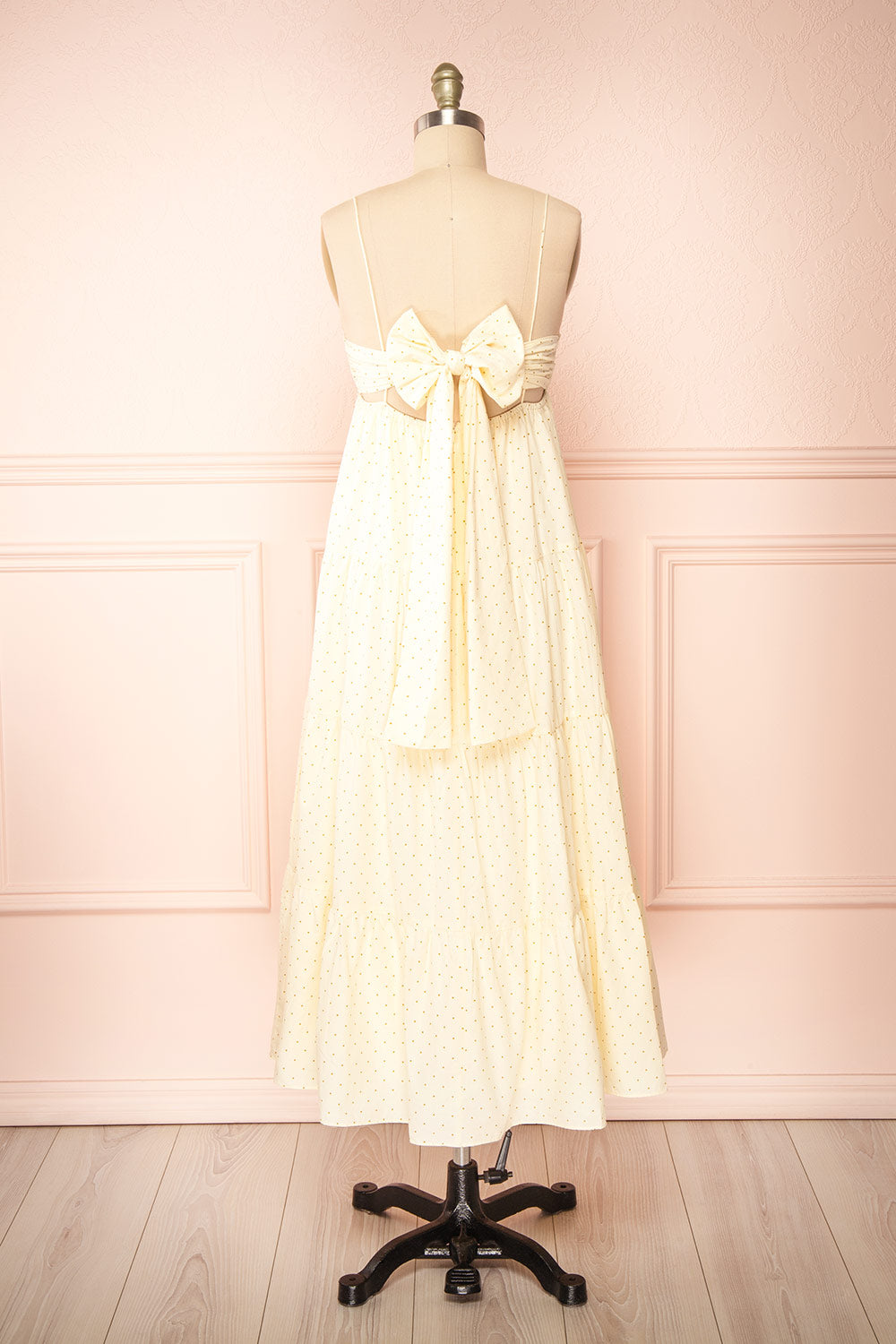 Hella Tiered Beige Midi Dress w/ Polka Dots | Boutique 1861 back view