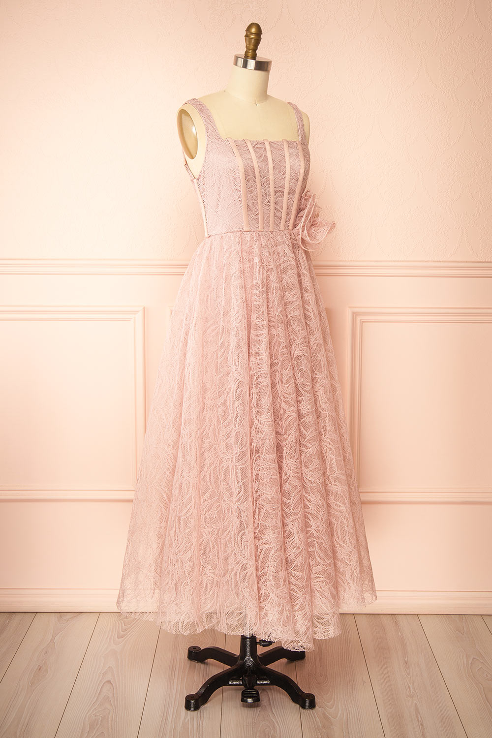 Hellis Pink Midi Dress with 3D Flower | Boutique 1861 side view
