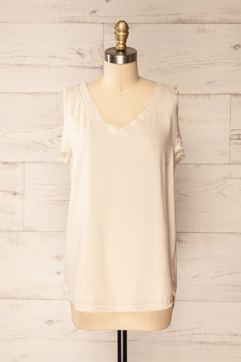 Helsinki Beige V-Neck Tank Top w/ Frayed Hem | La petite garçonne front view