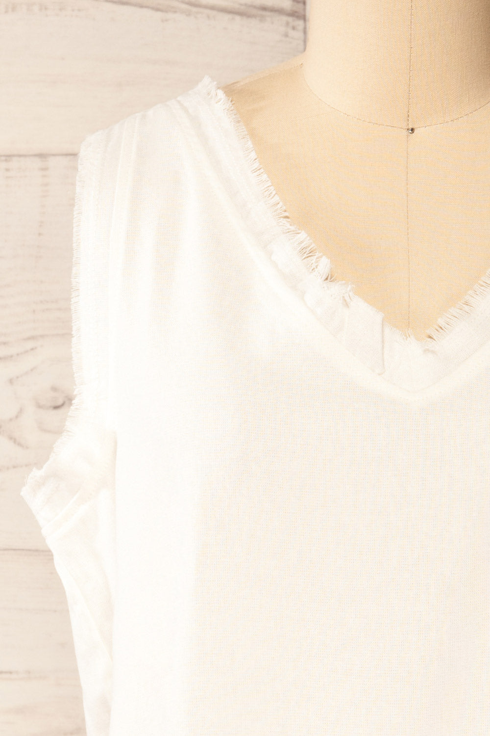 Helsinki Ivory | V-Neck Tank Top w/ Frayed Hem front close-up