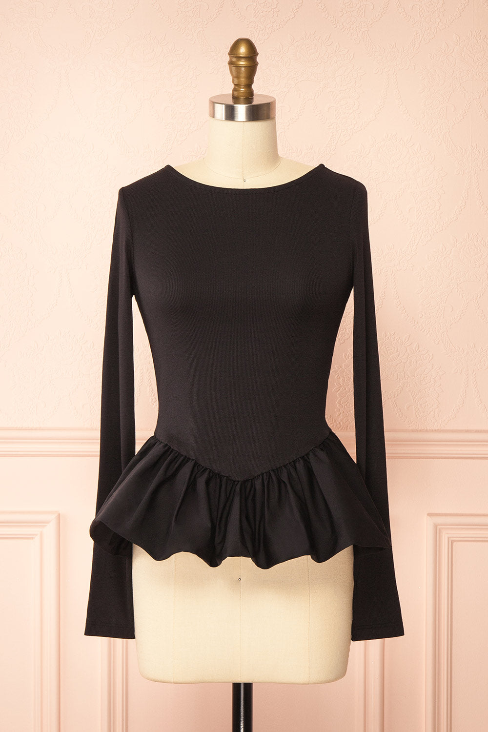 Henrieta Black Fitted Top with Peplum | Boutique 1861 front view