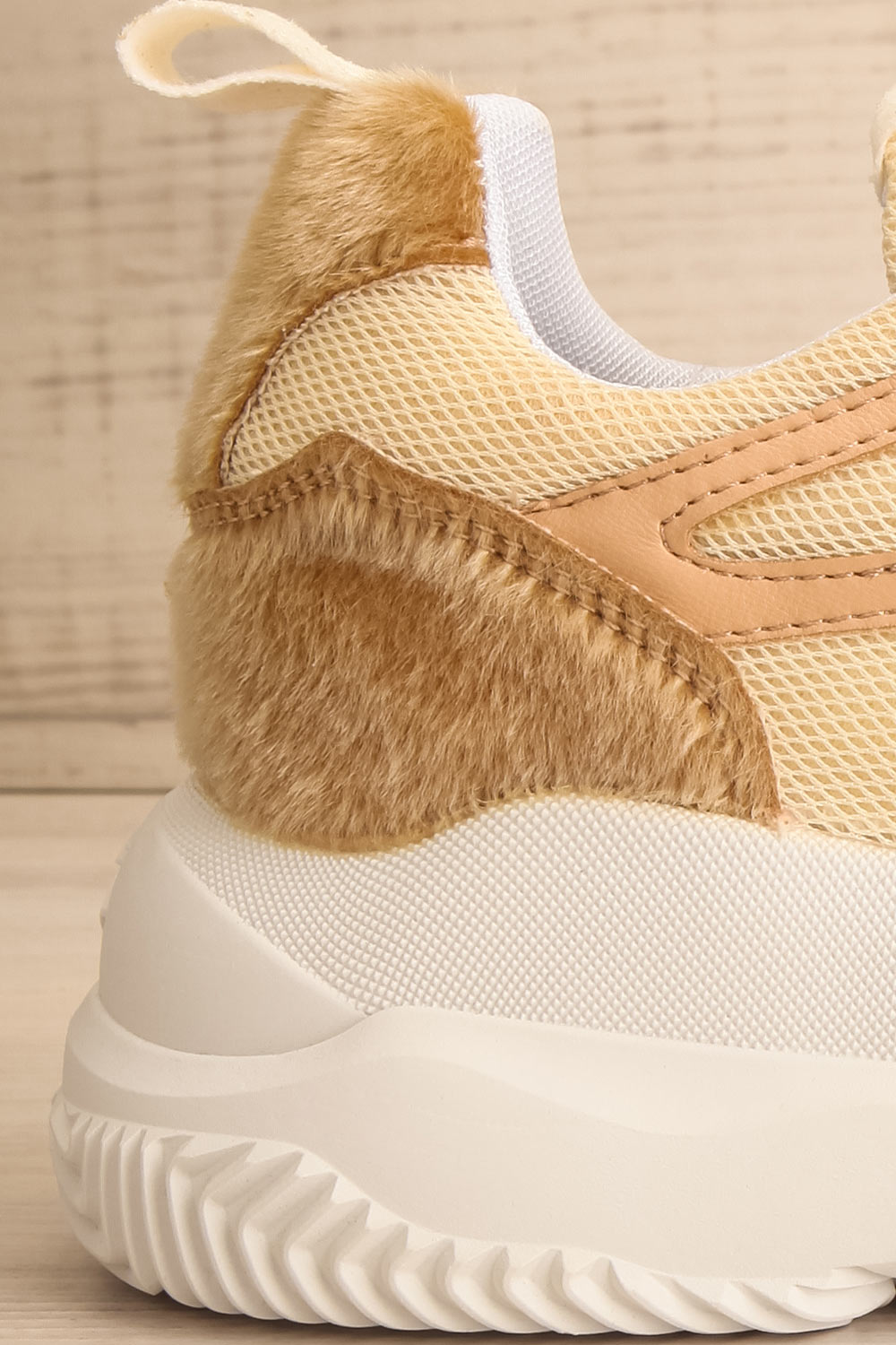 Hevye Beige Lace-Up Sneakers w/ Faux Fur | La petite garçonne side back close-up