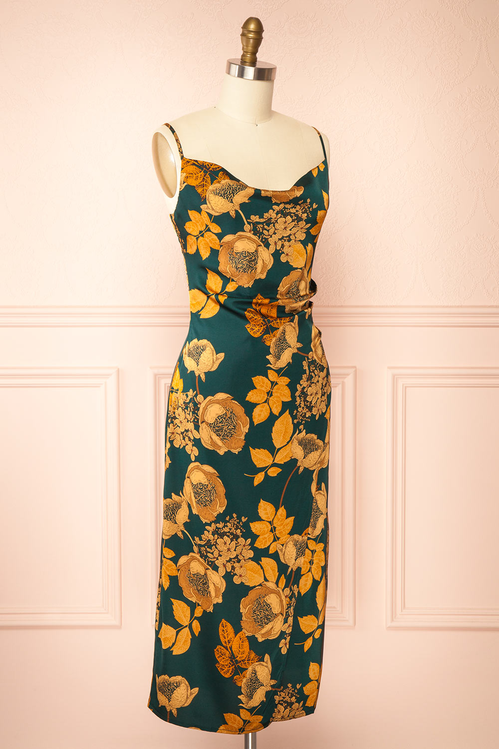 Hinaya Floral Cowl Neck Satin Midi Slip Dress | Boutique 1861 side view