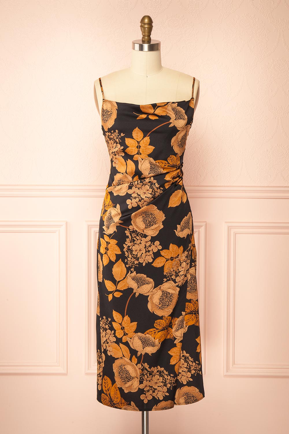 front view of sewing mannequin wearing Hinaya Black Floral Cowl Neck Satin Midi Slip Dress from Boutique 1861