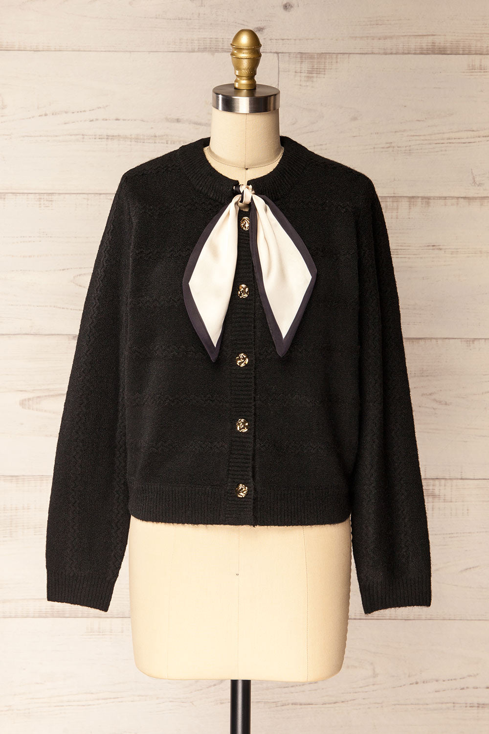 Hobart Black Preppy Cardigan with Scarf | La petite garçonne front view