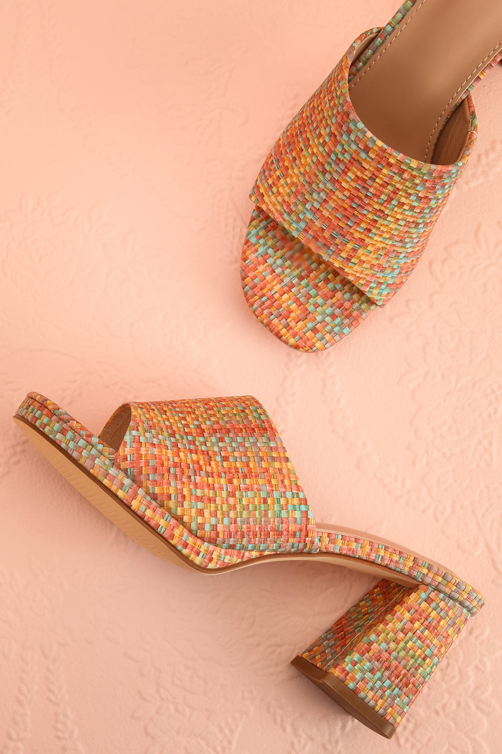 Honoria Multi-Colored Block Heel Mules with Woven Pattern | La petite garçonne flat lay