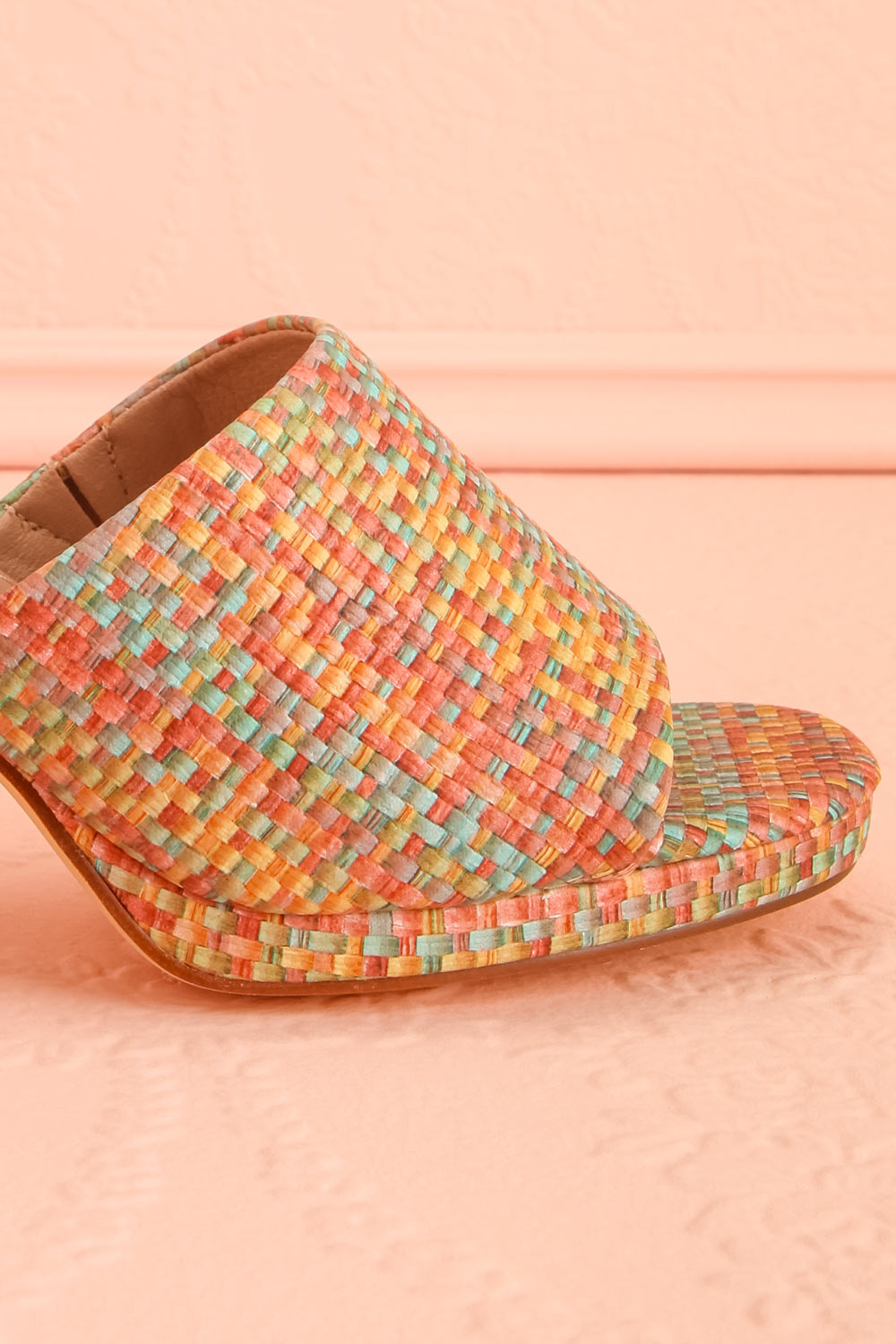 Honoria Multi-Colored Block Heel Mules with Woven Pattern | La petite garçonne side close-up