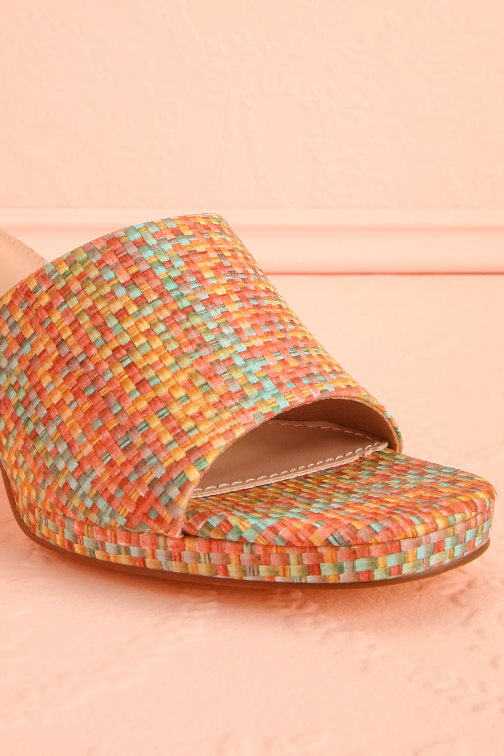 Honoria Multi-Colored Block Heel Mules with Woven Pattern | La petite garçonne front close-up