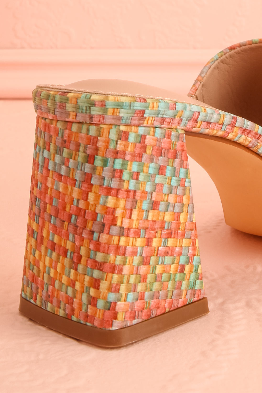 Honoria Multi-Colored Block Heel Mules with Woven Pattern | La petite garçonne back close-up