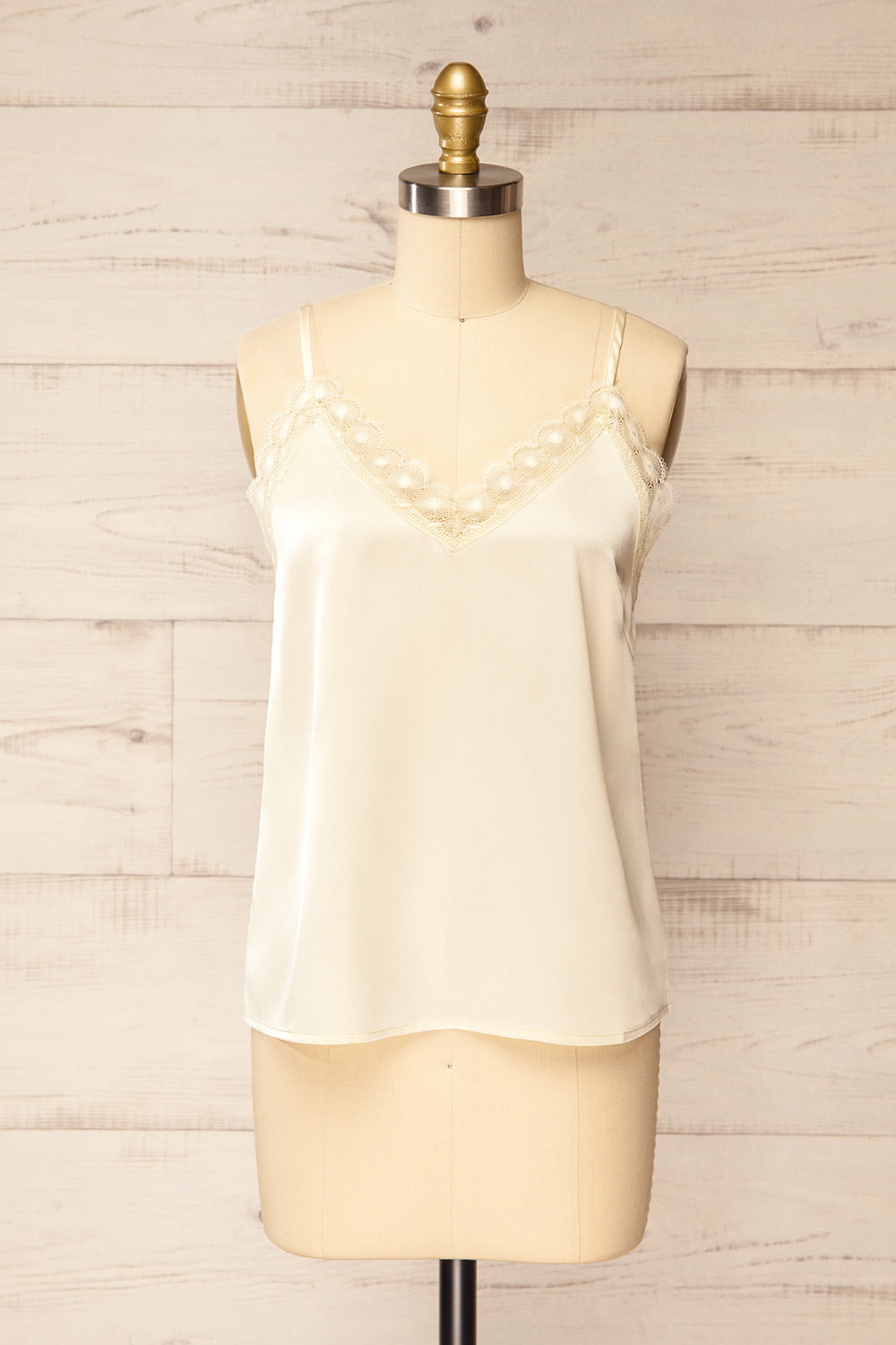 Hwasa Ivory Satin Cami w/ Lace Trim | La petite garçonne front view