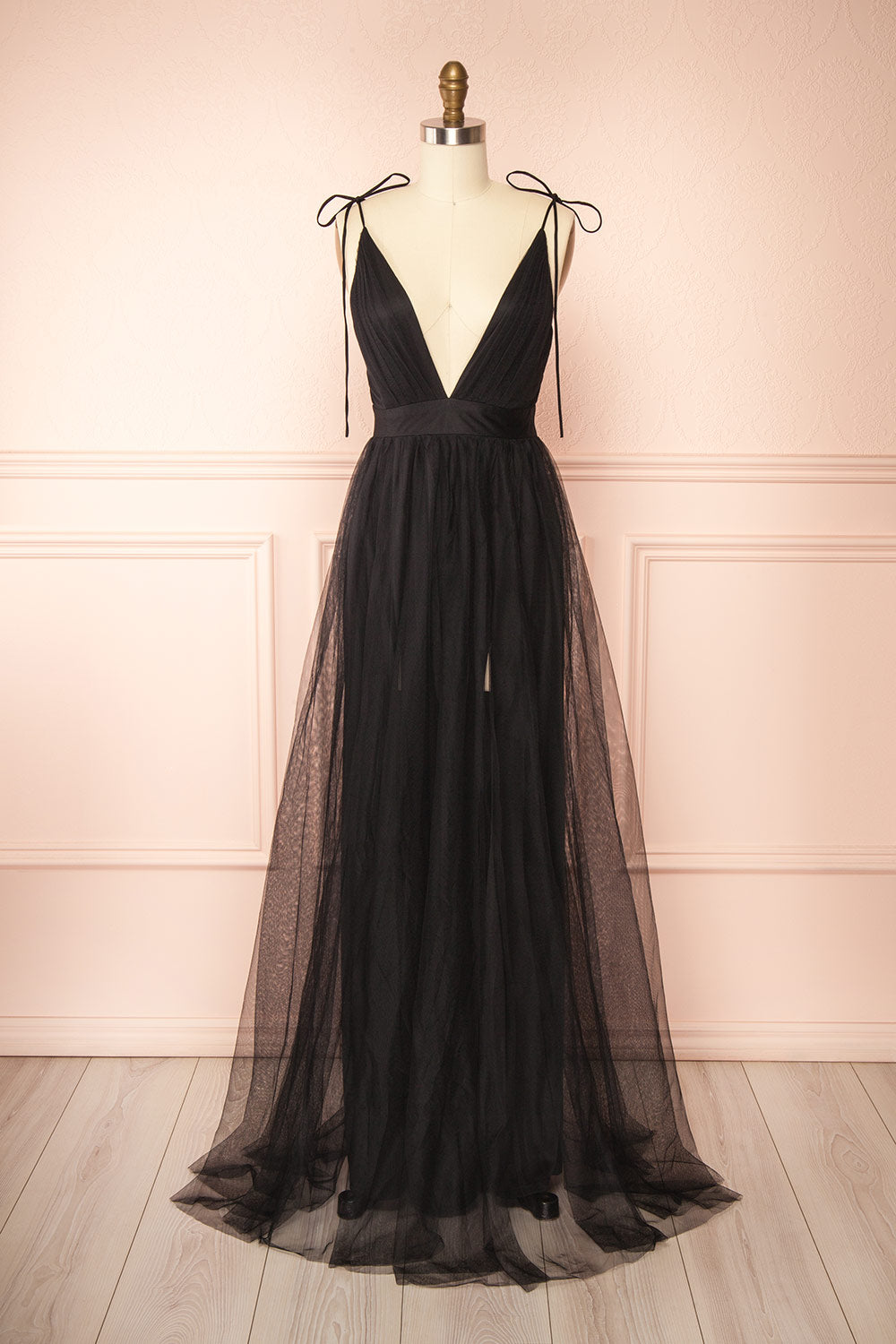 Hyedi Black Tulle Gown with Plunging Neckline | Boutique 1861 Hyedi Black Tulle Gown with Plunging Neckline | Boutique 1861