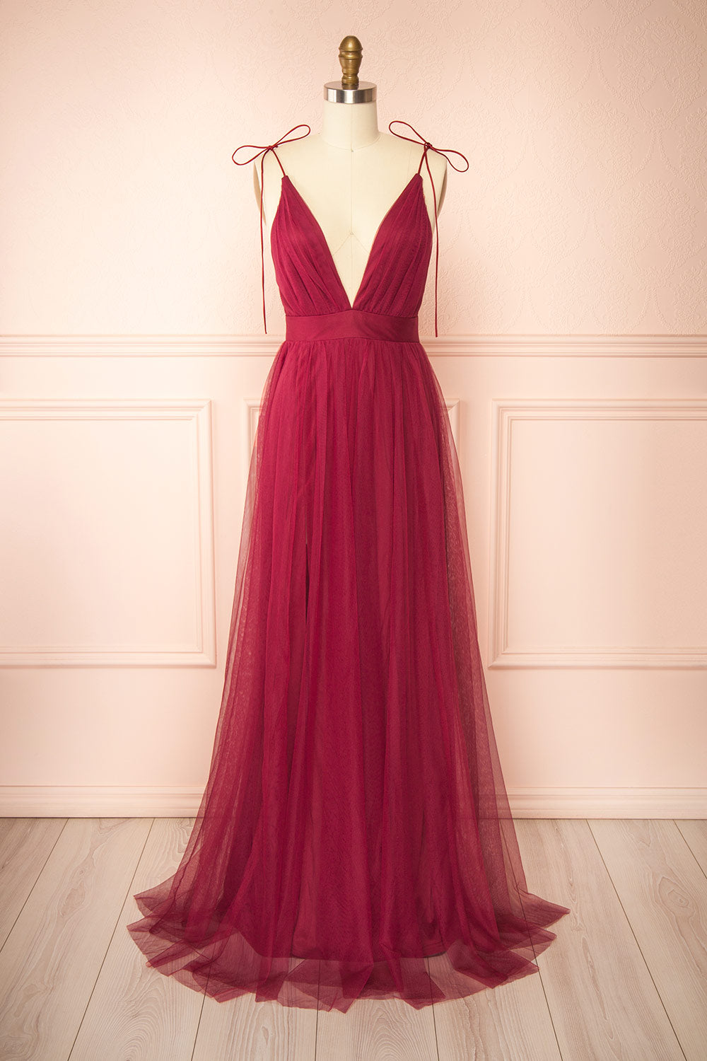 Hyedi Burgundy Tulle Gown with Plunging Neckline