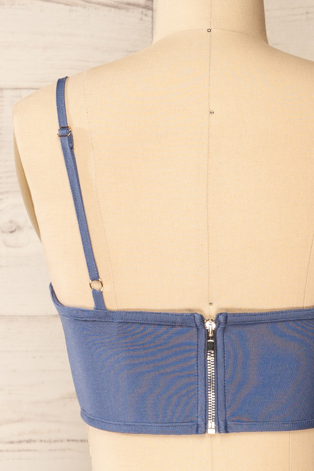 Hyeres Blue Cropped Corset Top w/ Back Zipper | La petite garçonne back close-up