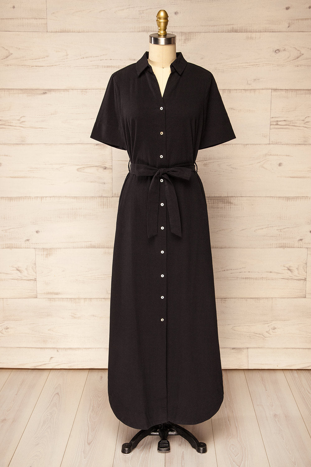 Hyris Black Long Shirt Dress w/ Belt | La petite garçonne front view