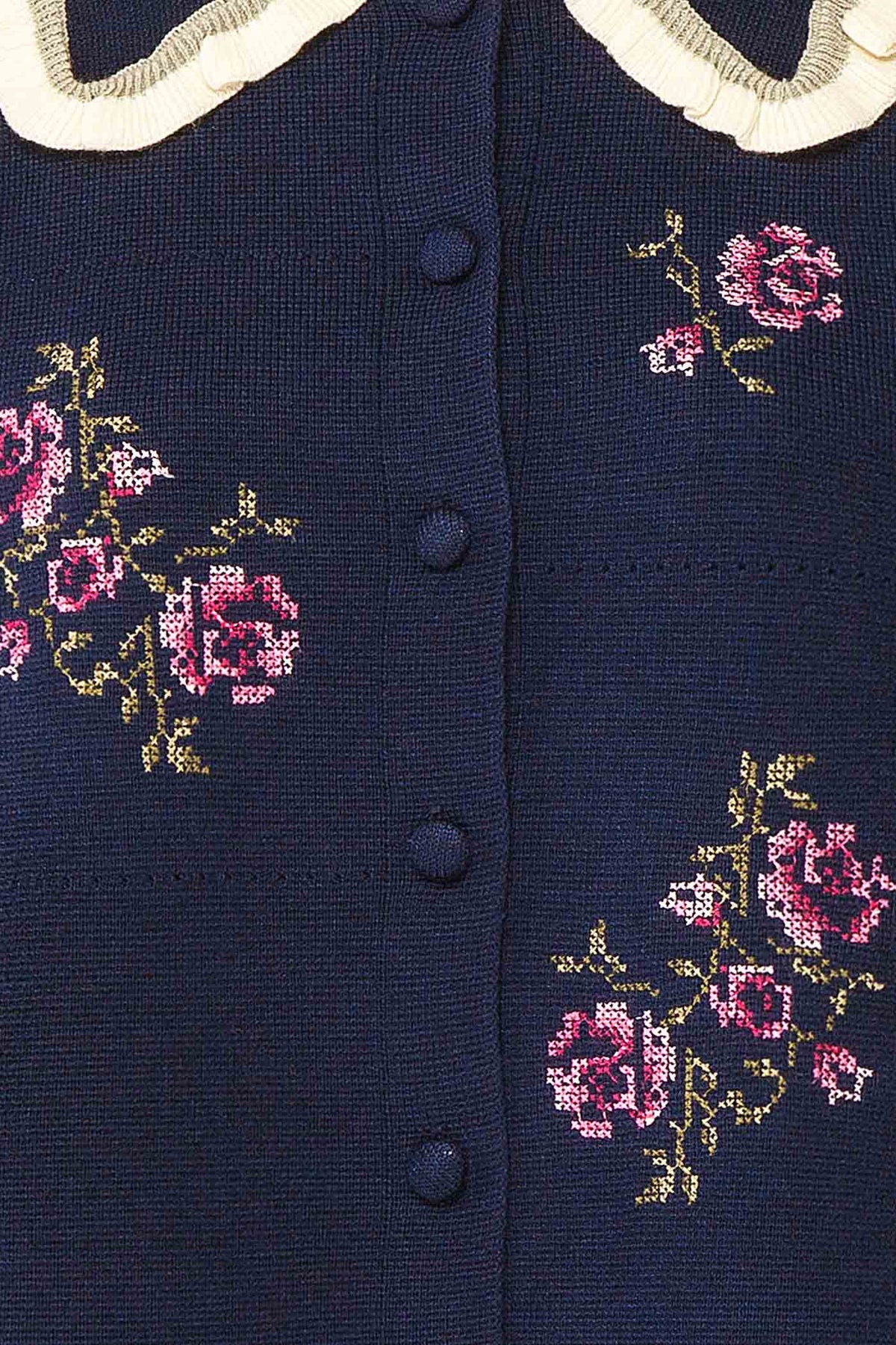 fabric view of Ichigo Navy Knit Cardigan with Embroidery Flowers at Boutique 1861