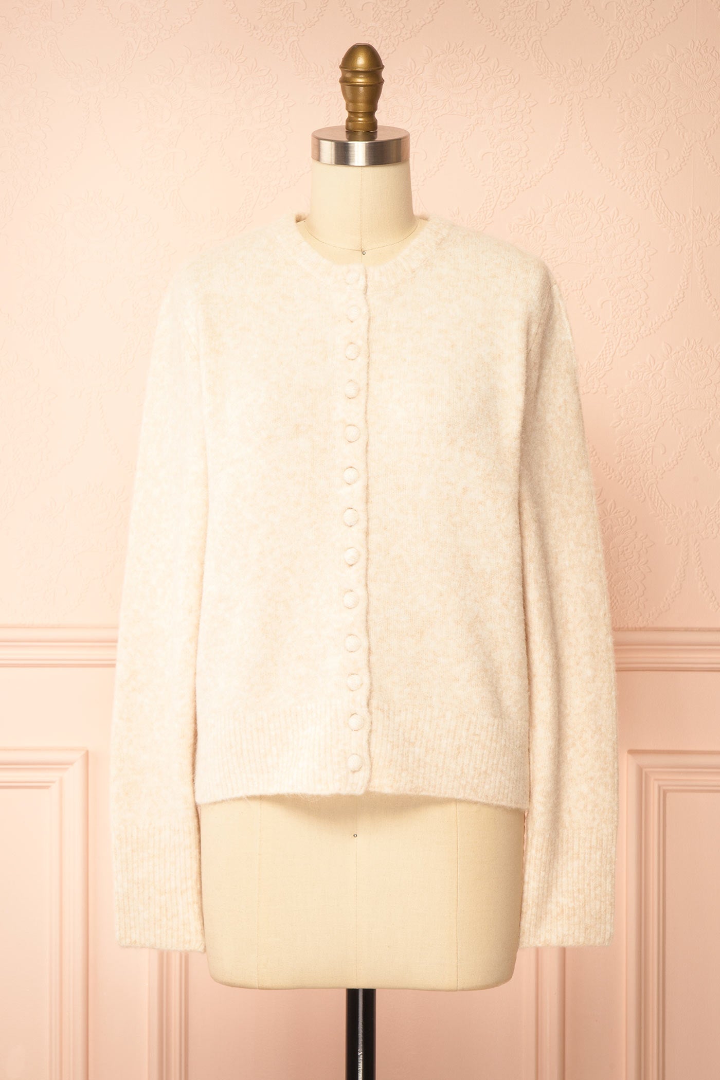 front view of Idalia Ivory Round Neck Cardigan With Button Front at Boutique 1861