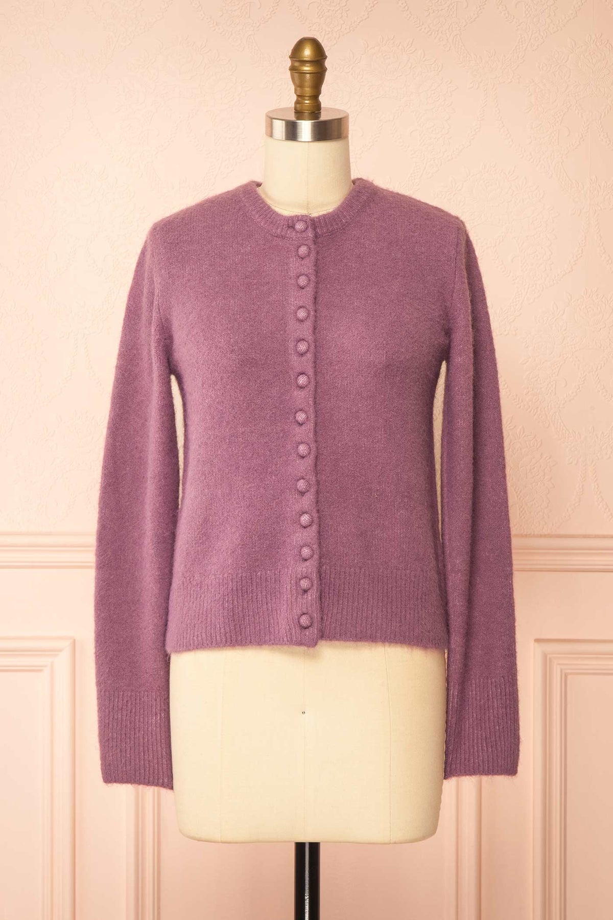 Idalia Violet | Cardigan Col Rond Boutonné au Devant
