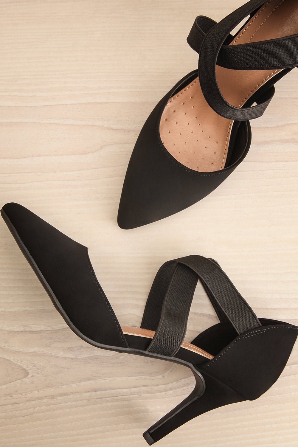 Idole Black Pointed Toe Heels w/ Elastic Straps | La petite garçonne flat view