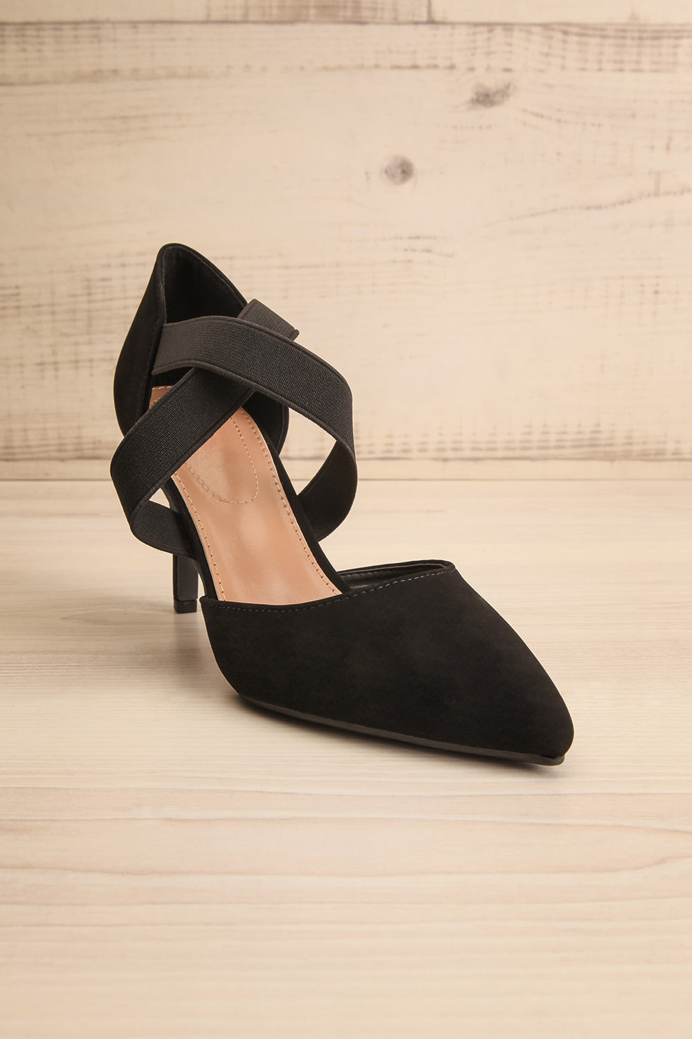 Idole Black Pointed Toe Heels w/ Elastic Straps | La petite garçonne front view