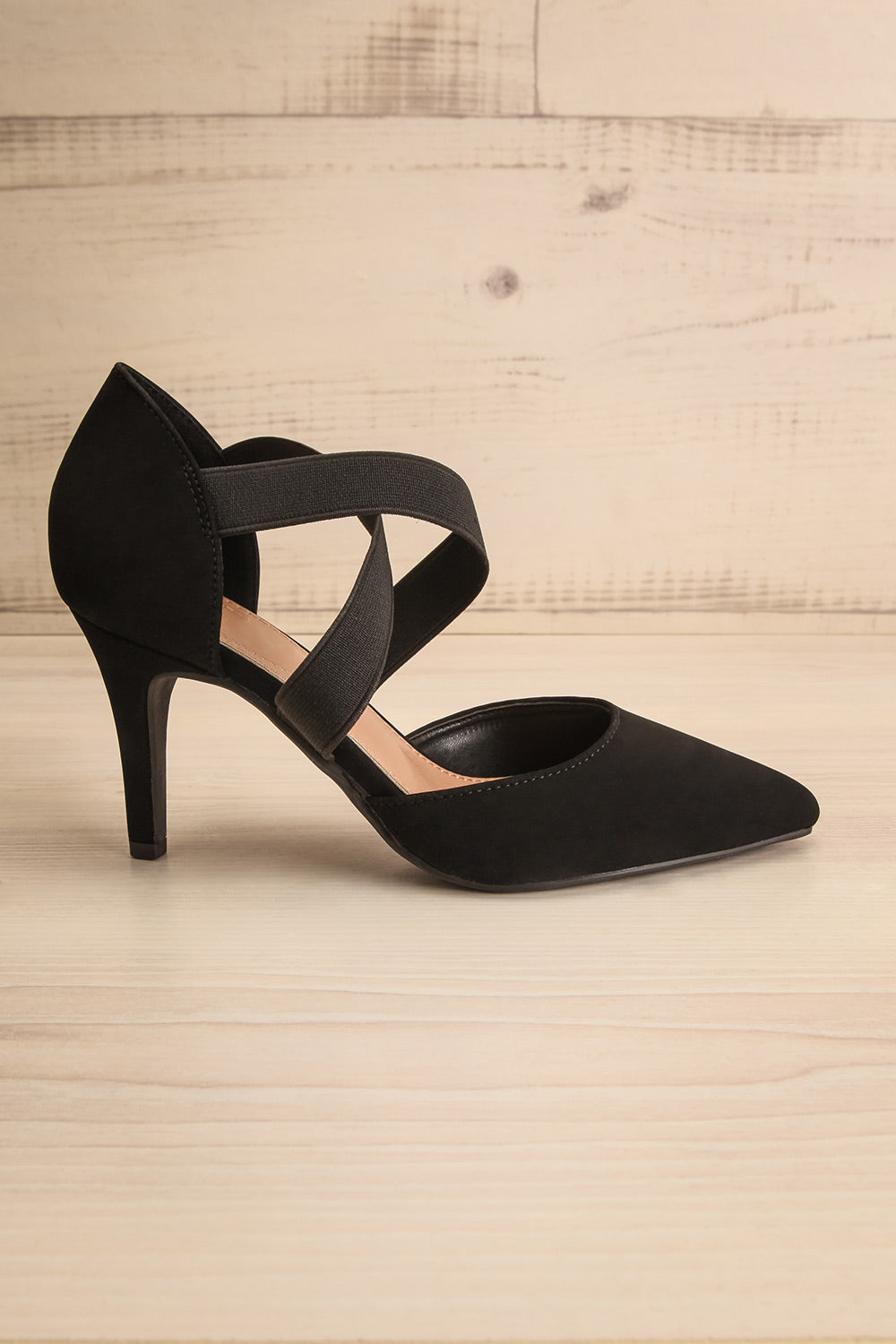 Idole Black Pointed Toe Heels w/ Elastic Straps | La petite garçonne side view