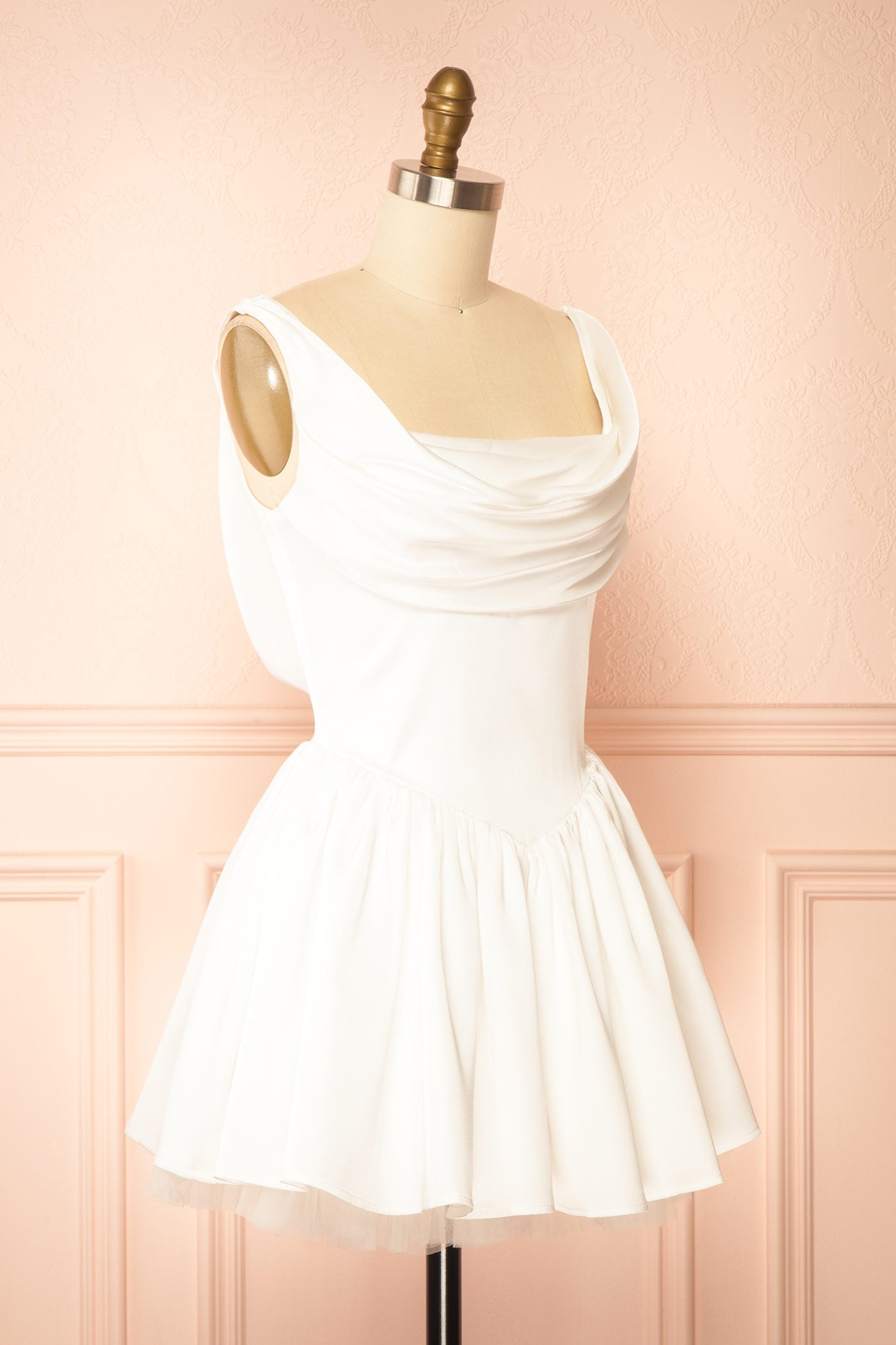 Idolia Ivory Satin Cowl Neck Mini Dress with Open Lace-Up Back | Boudoir 1861 side