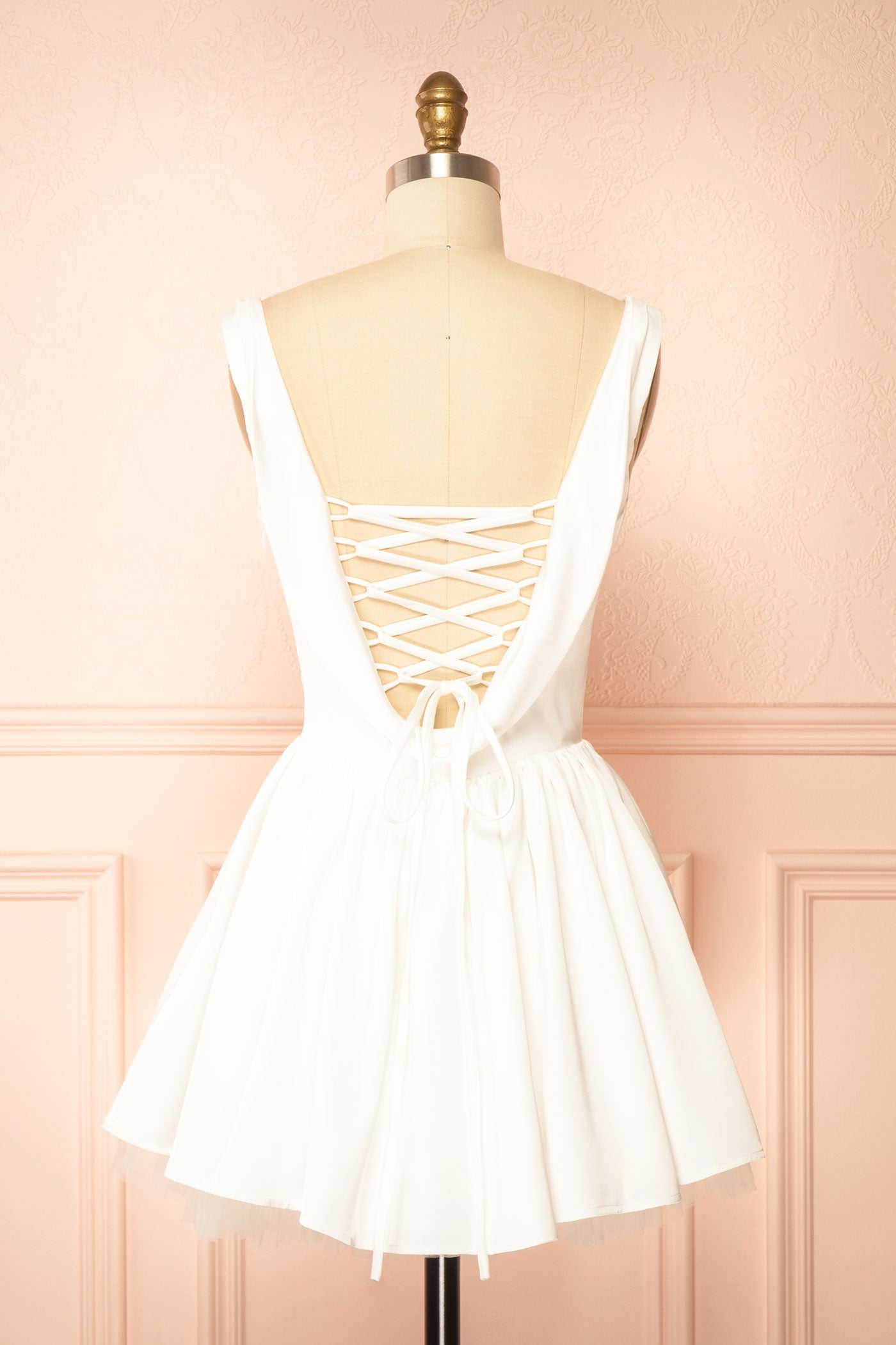Idolia Ivory Satin Cowl Neck Mini Dress with Open Lace-Up Back | Boudoir 1861 back
