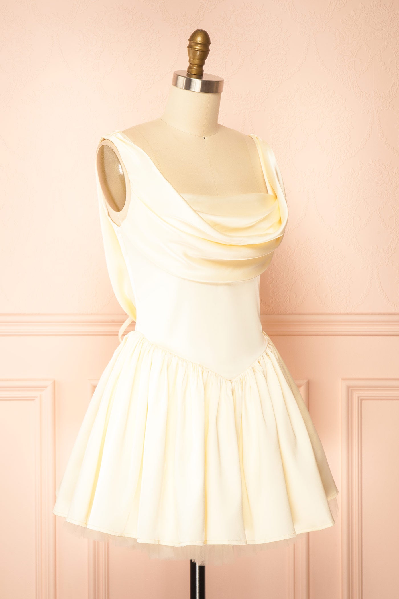 Idolia Light Yellow Satin Cowl Neck Mini Dress with Open Lace-Up Back | Boutique 1861 side