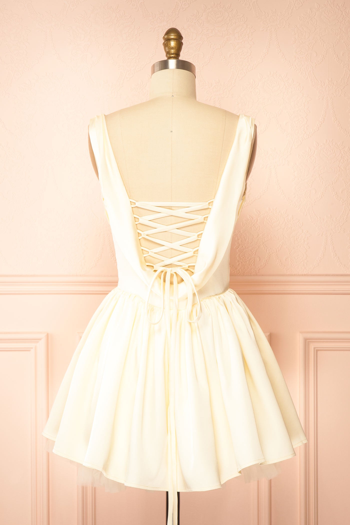 Idolia Light Yellow Satin Cowl Neck Mini Dress with Open Lace-Up Back | Boutique 1861 back