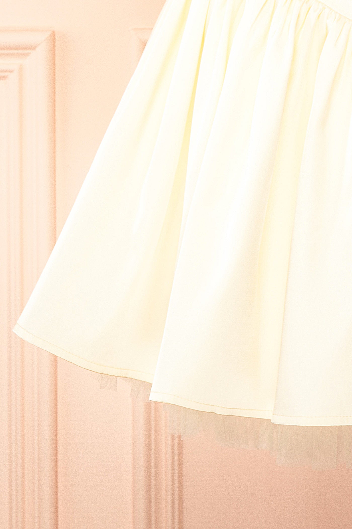 Idolia Light Yellow Satin Cowl Neck Mini Dress with Open Lace-Up Back | Boutique 1861 fabric