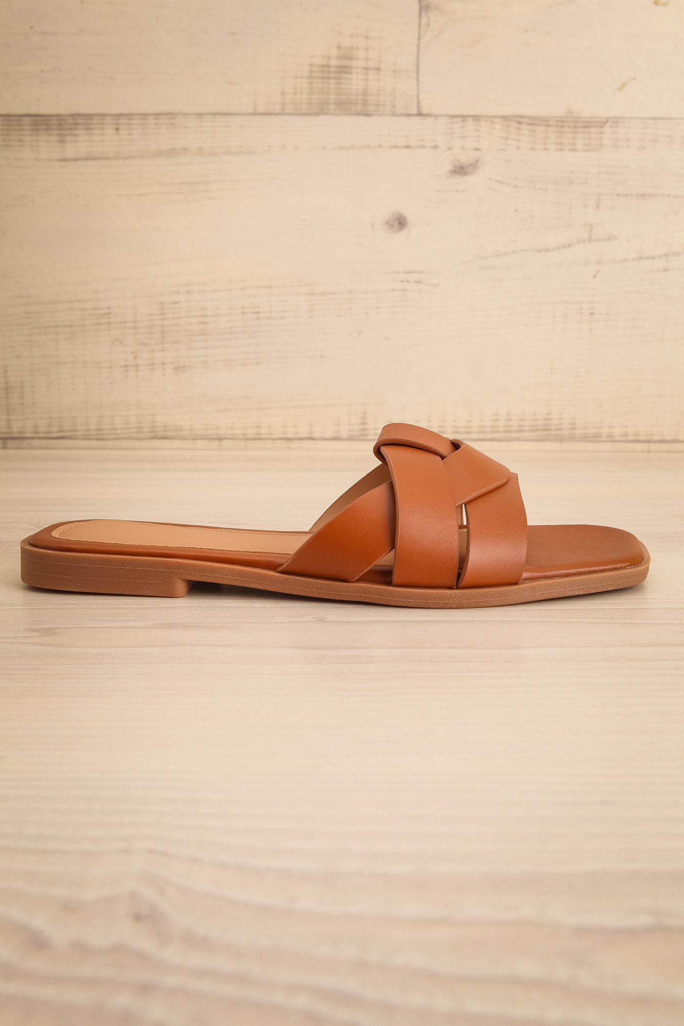 Sideview Iguala Brown Flat Square-Toe Sandals at la petite garçonne