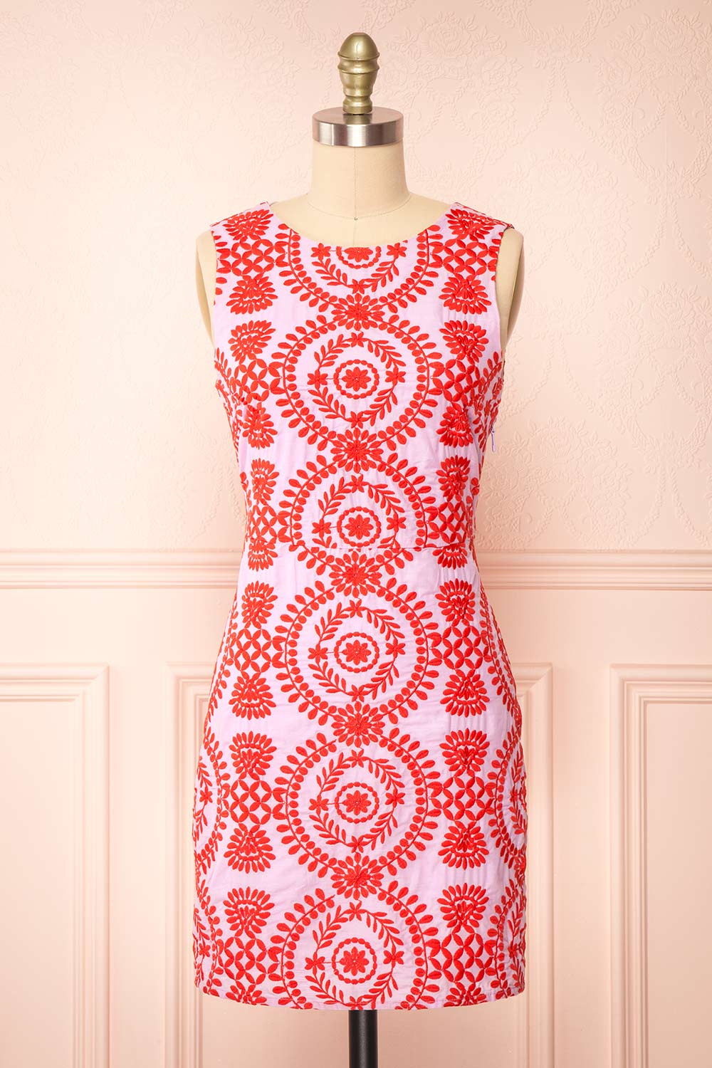 Ilka Short Lavender Dress with Floral Red Embroidery | Boutique 1861 front view