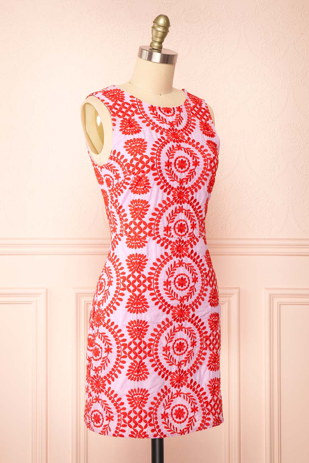 Ilka Short Lavender Dress with Floral Red Embroidery | Boutique 1861 side view