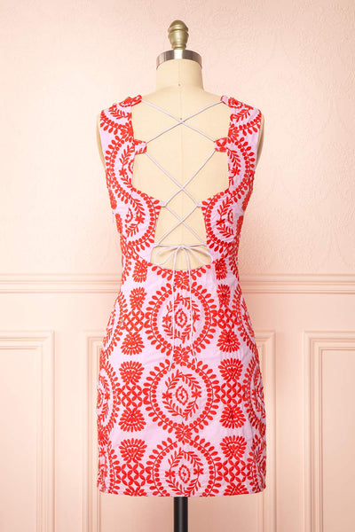 Ilka Short Lavender Dress with Floral Red Embroidery | Boutique 1861 back view