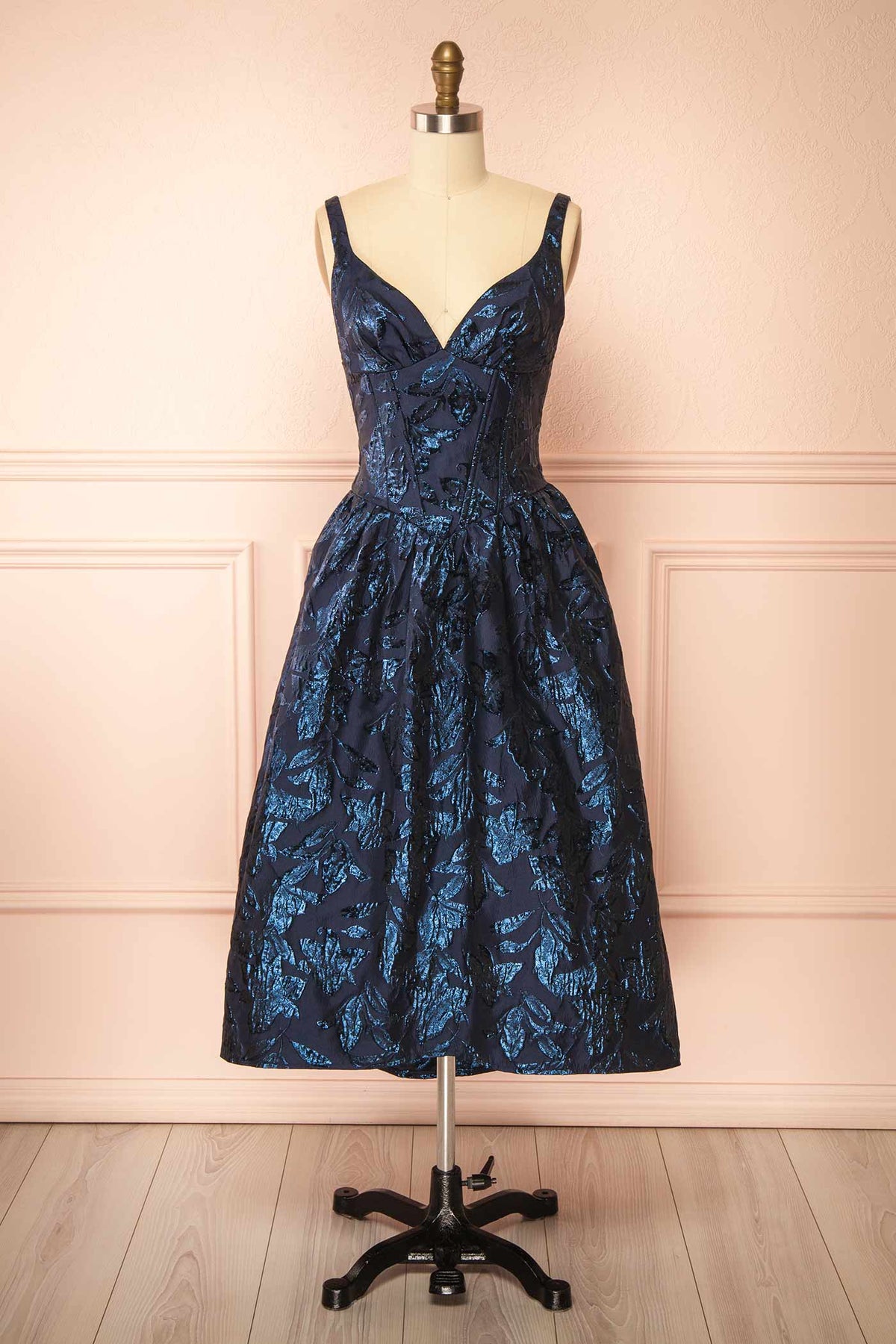 Front view of Inana Navy Jacquard Midi Corset Dress at Boutique 1861