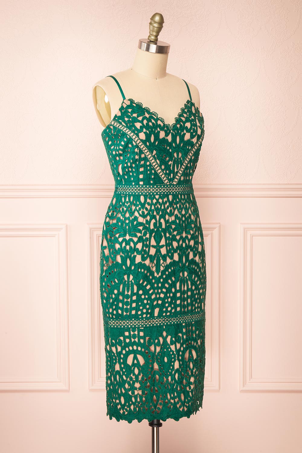 Indira Fitted Midi Green Crocheted Lace Dress | Boutique 1861 side view