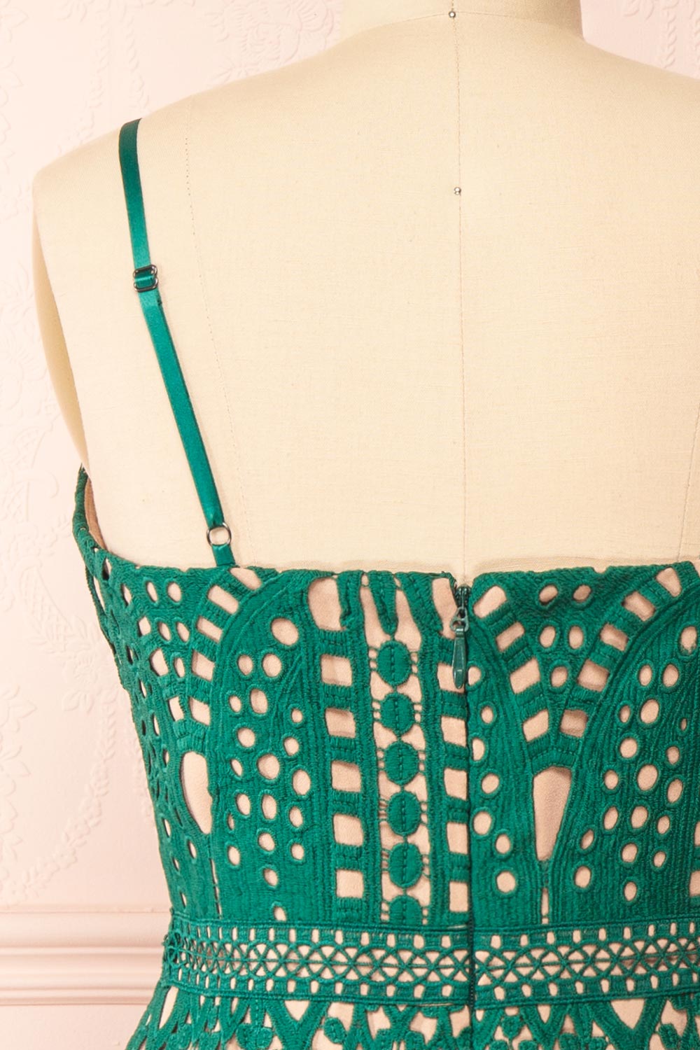 Indira Fitted Midi Green Crocheted Lace Dress | Boutique 1861 back close-up