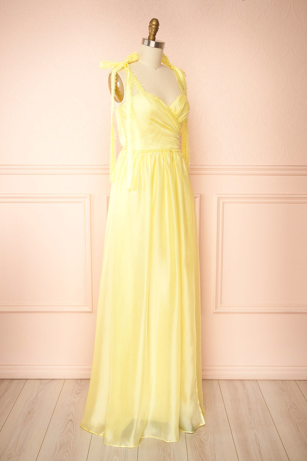 Indya Yellow Organza Maxi Dress w/ Tie Straps | Boutique 1861 side view