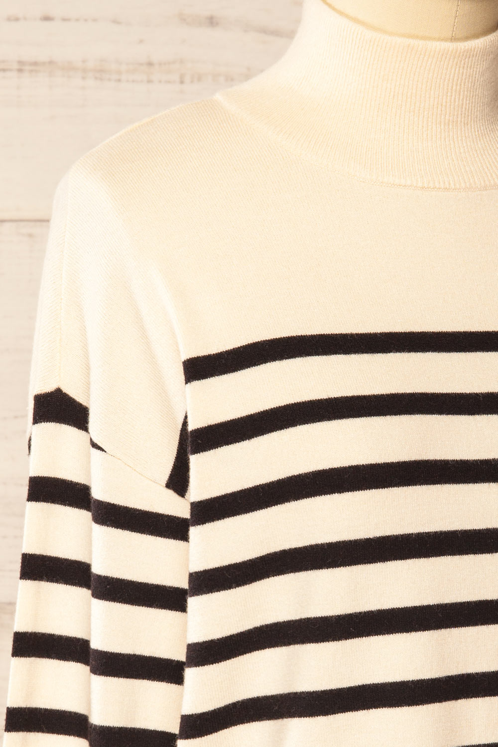 Ipswich Ivory Striped Mock Neck Sweater | La petite garçonne side close-up