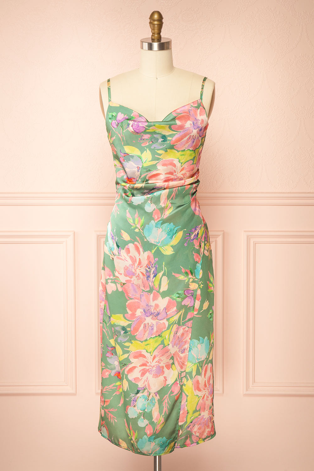 Iridienne Floral Cowl Neck Satin Midi Slip Dress | Boutique 1861 front view