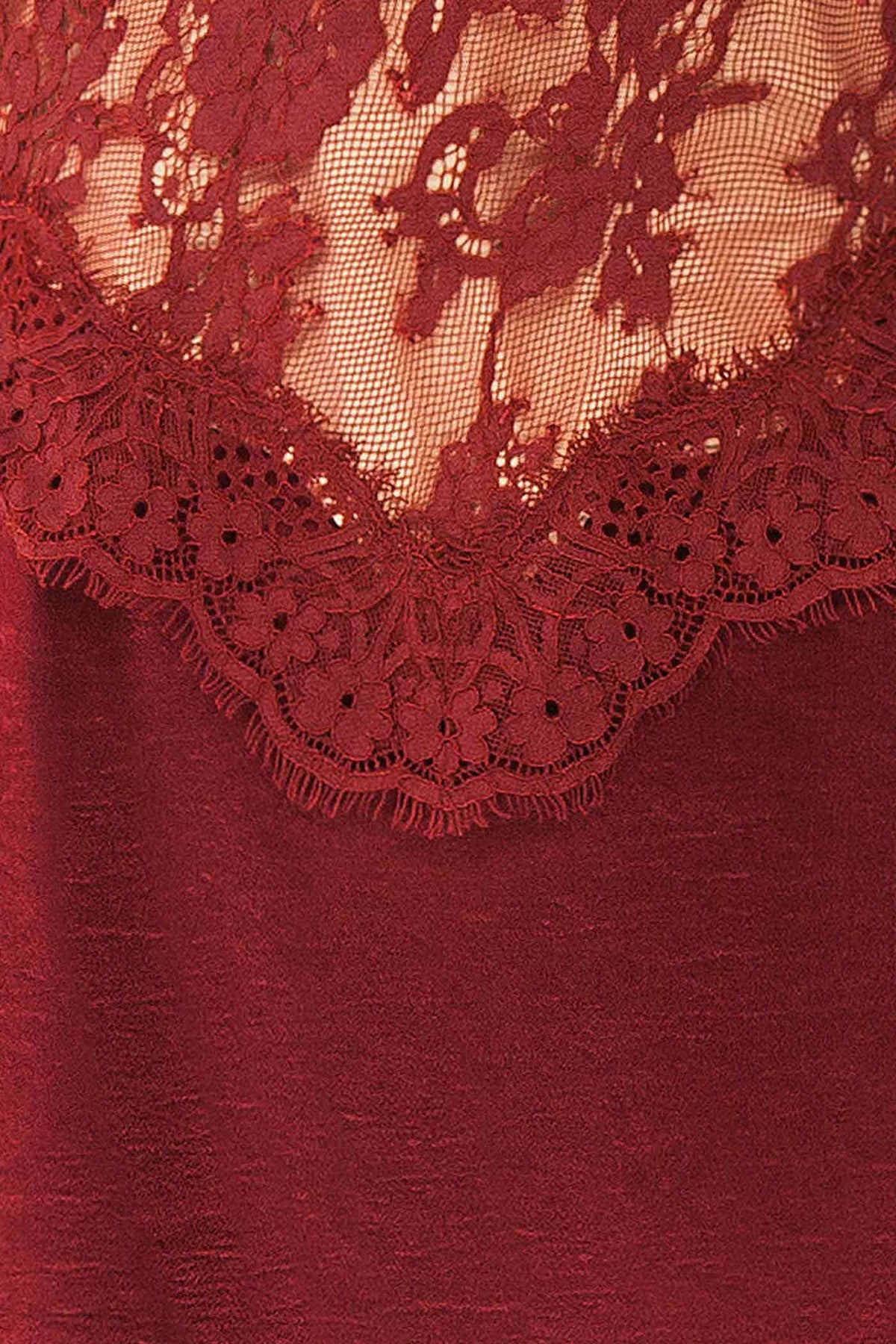 fabric view of Irimia Burgundy Maxi Satin Halter Dress with Open Back at Boutique 1861