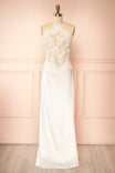 front view of Irimia White Maxi Satin Halter Dress with Open Back at Boudoir 1861