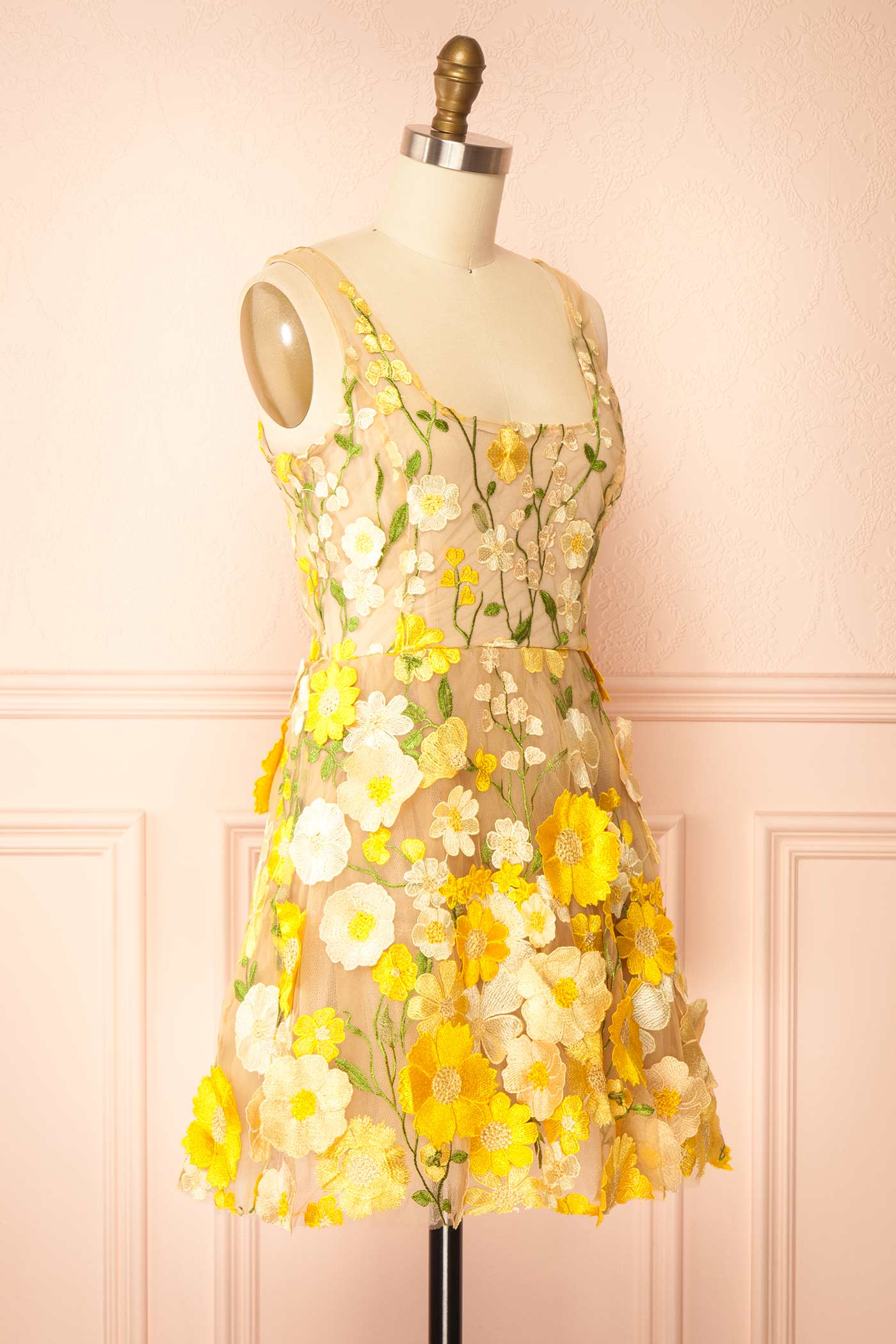 Irmine Yellow 3D Floral Appliqué Mesh Mini Dress | Boutique 1861 side
