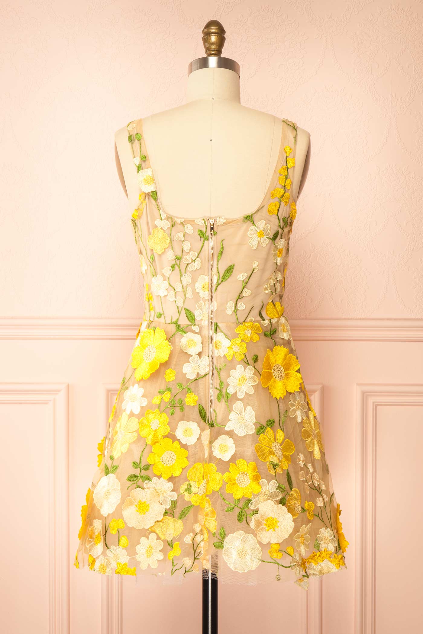 Irmine Yellow 3D Floral Appliqué Mesh Mini Dress | Boutique 1861 back