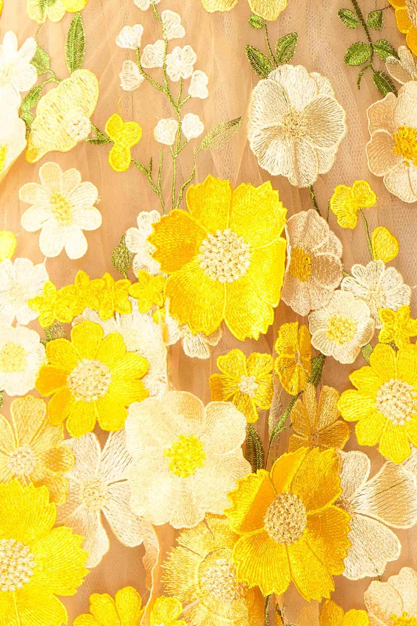 Irmine Yellow 3D Floral Appliqué Mesh Mini Dress | Boutique 1861 fabric